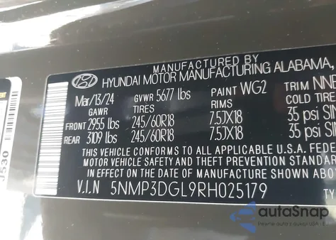 2024 Hyundai Santa Fe Xrt from USA, damaged, VIN 5NMP3DGL9RH025179